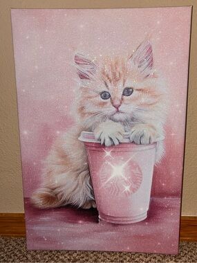 Starbucks Pink Cat Canvas Wall Art holographic glitter finish 18 x 12 in.